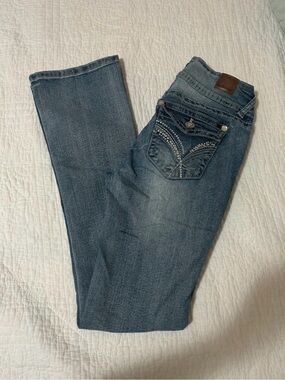 Wallflower Women’s Medium Blue Bootcut Jeans with Embellished Back Pocket